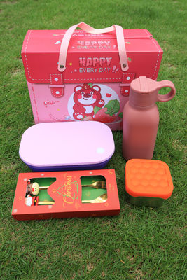Premium de acero inoxidable y silicona para niños y familias Combo 4 en 1 con caja de bento, botella, taza de bocadillos y cubiertos para animales