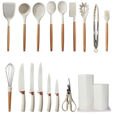 Un buen precio. 17pcs Silicona utensilios de cocina utensilios de cocina conjunto de palos de Turner, espátula, cuchara, cepillo, rayo, dispositivos de mango de madera en línea