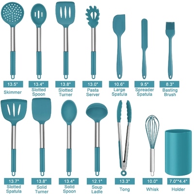 Un buen precio. 14 piezas utensilios de cocina de silicona con mango de acero inoxidable herramientas de cocina para utensilios de cocina no adhesivos en línea