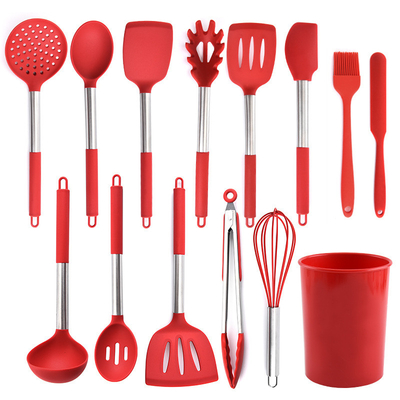 Un buen precio. 14 piezas utensilios de cocina de silicona con mango de acero inoxidable herramientas de cocina para utensilios de cocina no adhesivos en línea