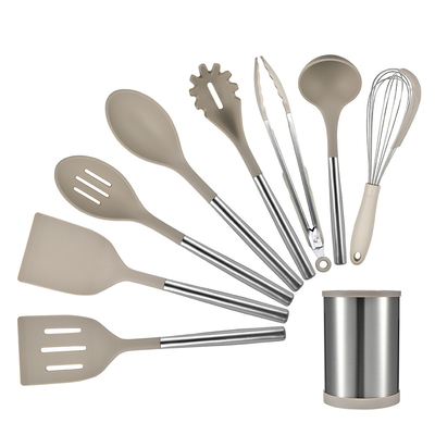 9pcs Silicona utensilios de cocina conjunto utensilios de cocina no adhesivo con mango de acero inoxidable Turner Tong, espátula, cepillo de cuchara