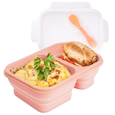Un buen precio. 2 compartimientos contenedores plegables para el almuerzo con tapa caja de almuerzo con utensilios plegable Bento de silicona para adultos libre de BPA en línea