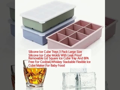 Envases de cubo de hielo de silicona 3 paquetes Molde de cubo de hielo de silicona de gran tamaño con tapa a prueba de fugas Envases de cubo de hielo cuadrado extraíbles y libres de BPA para cócteles, whisky