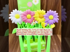 Pluma de escritura fluida, 12 pcs 0,5 mm tinta negra en forma de flor bola rodante linda pluma de tinta de gel para estudiantes y útiles de oficina de la escuela (flor)